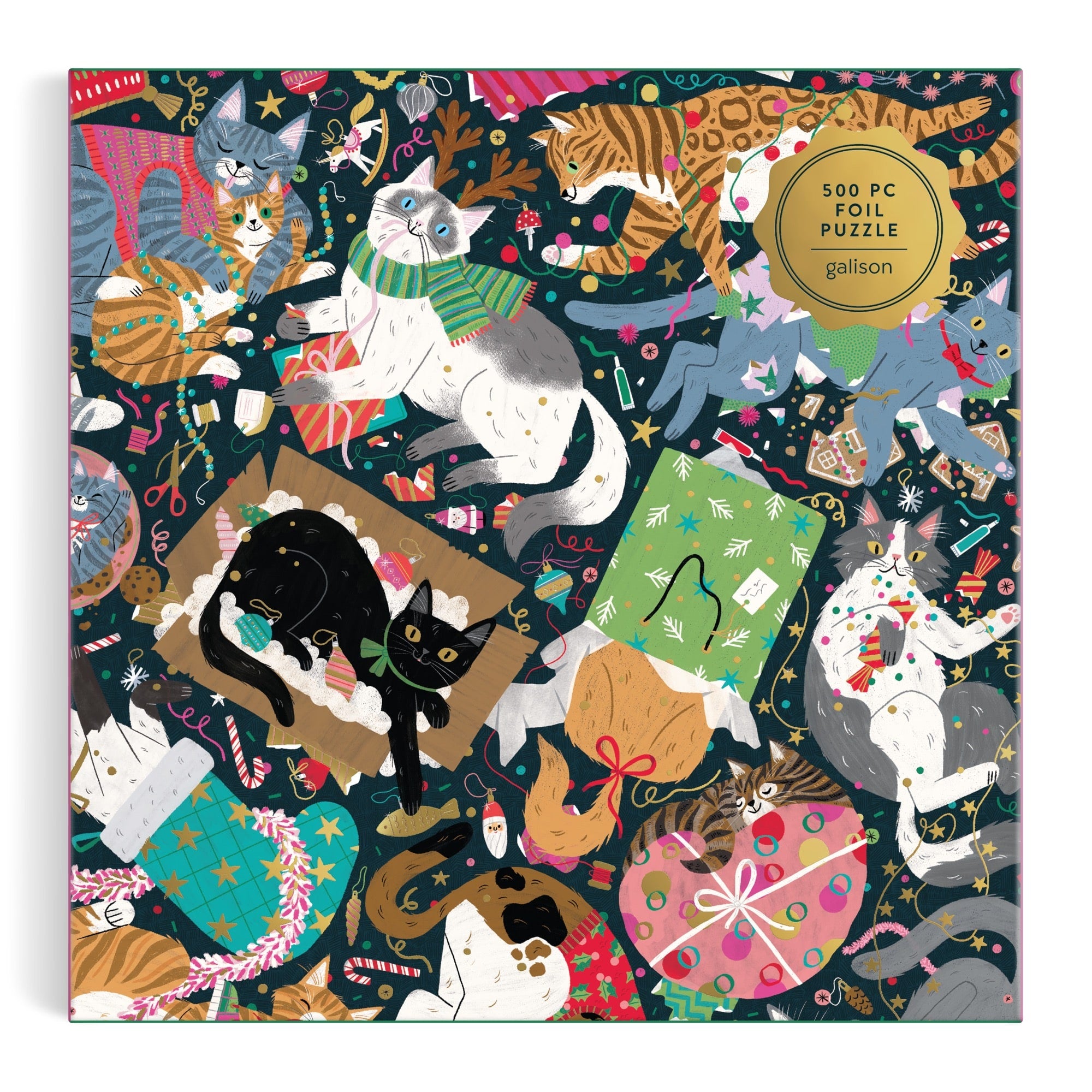 galison-catmas-chaos-500-teile-foil-puzzle-katzen-weihnachten image 2
