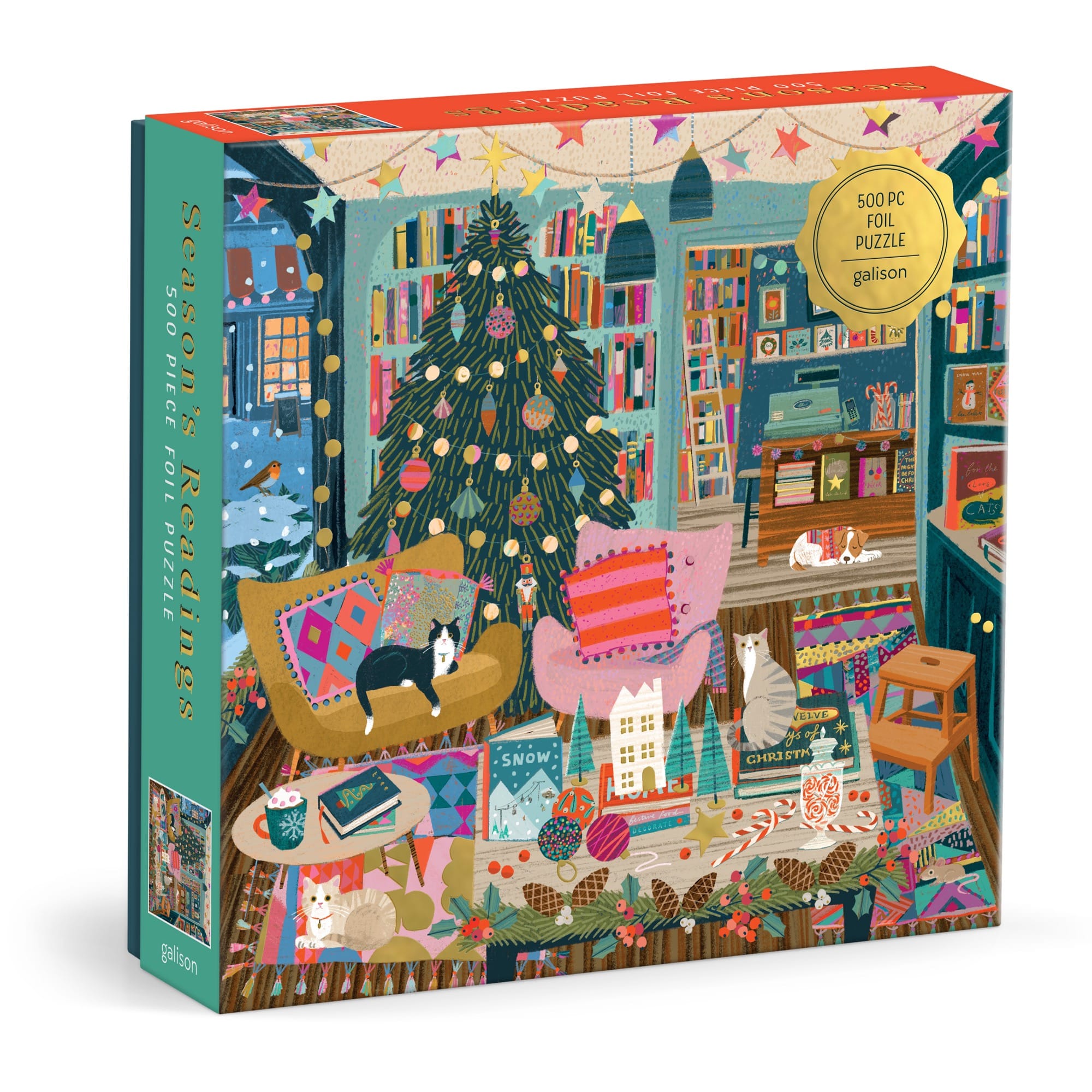 galison-season-s-readings-puzzle-500-teile-goldfolie-buchladen image 1
