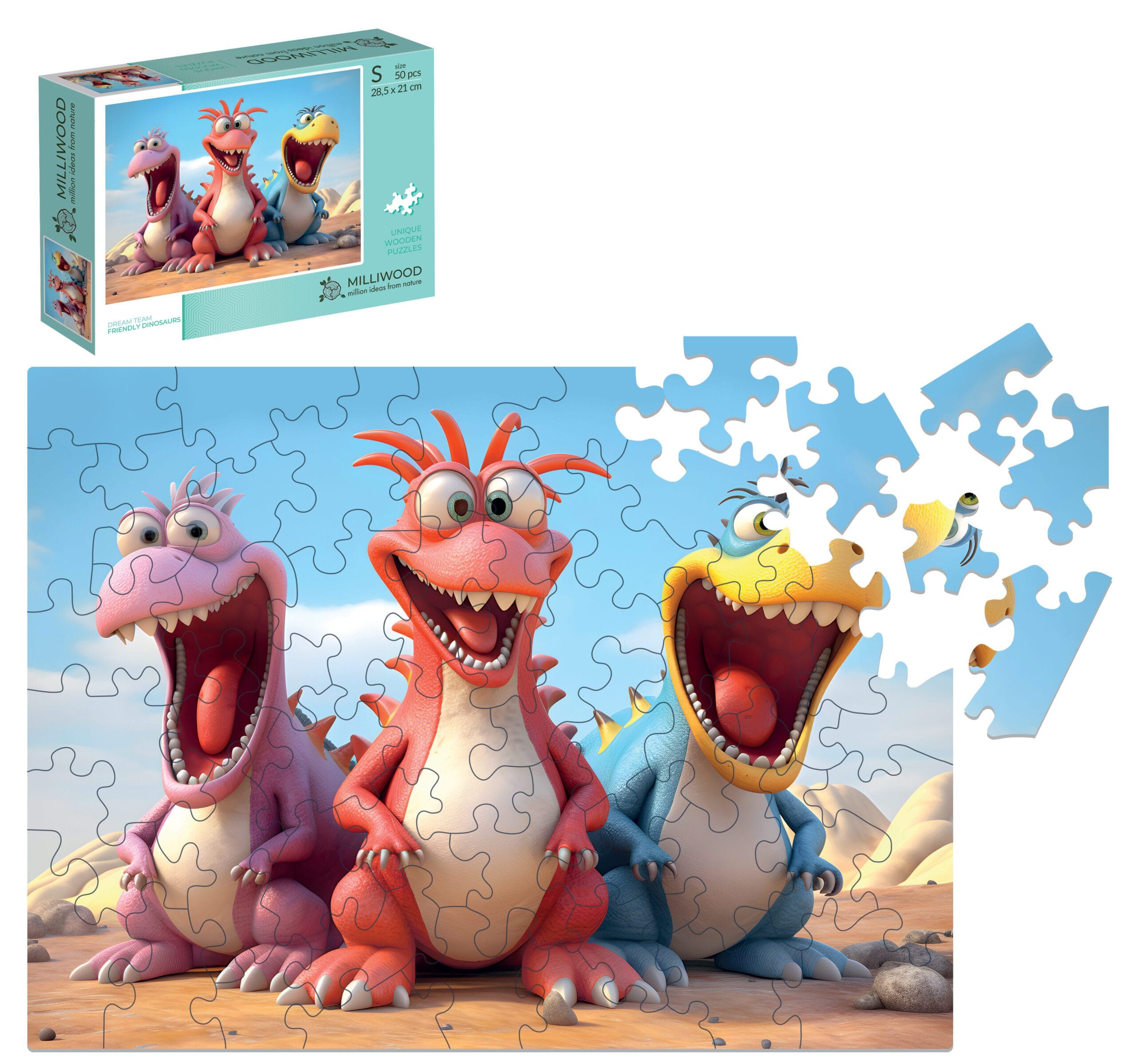 milliwood-dream-team-friendly-dinosaurs-holzpuzzle-50-teile-pastell image 1