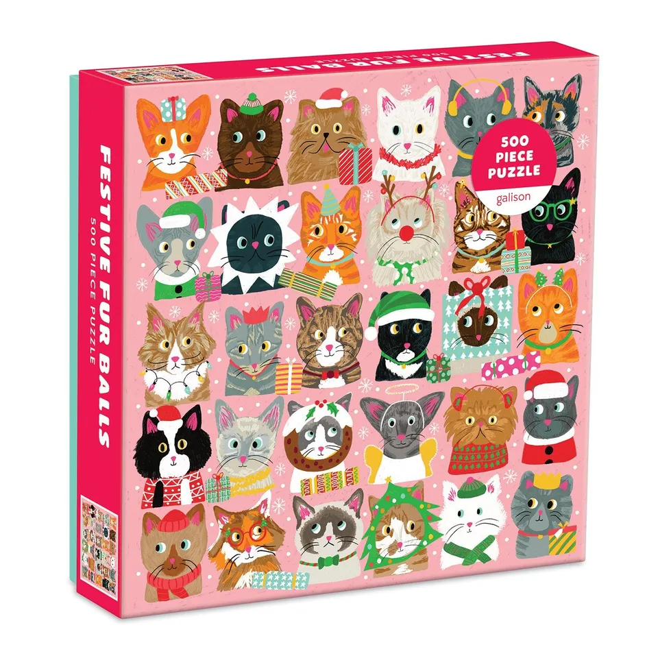 galison-festive-furballs-puzzle-500-teile-katzen-weihnachten image 1